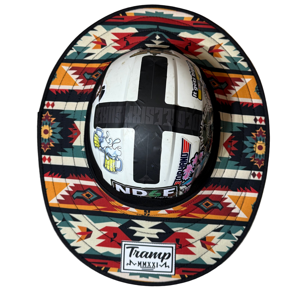 the red pendleton sunshade from tramp life industries. goes around a fly helmet for linework