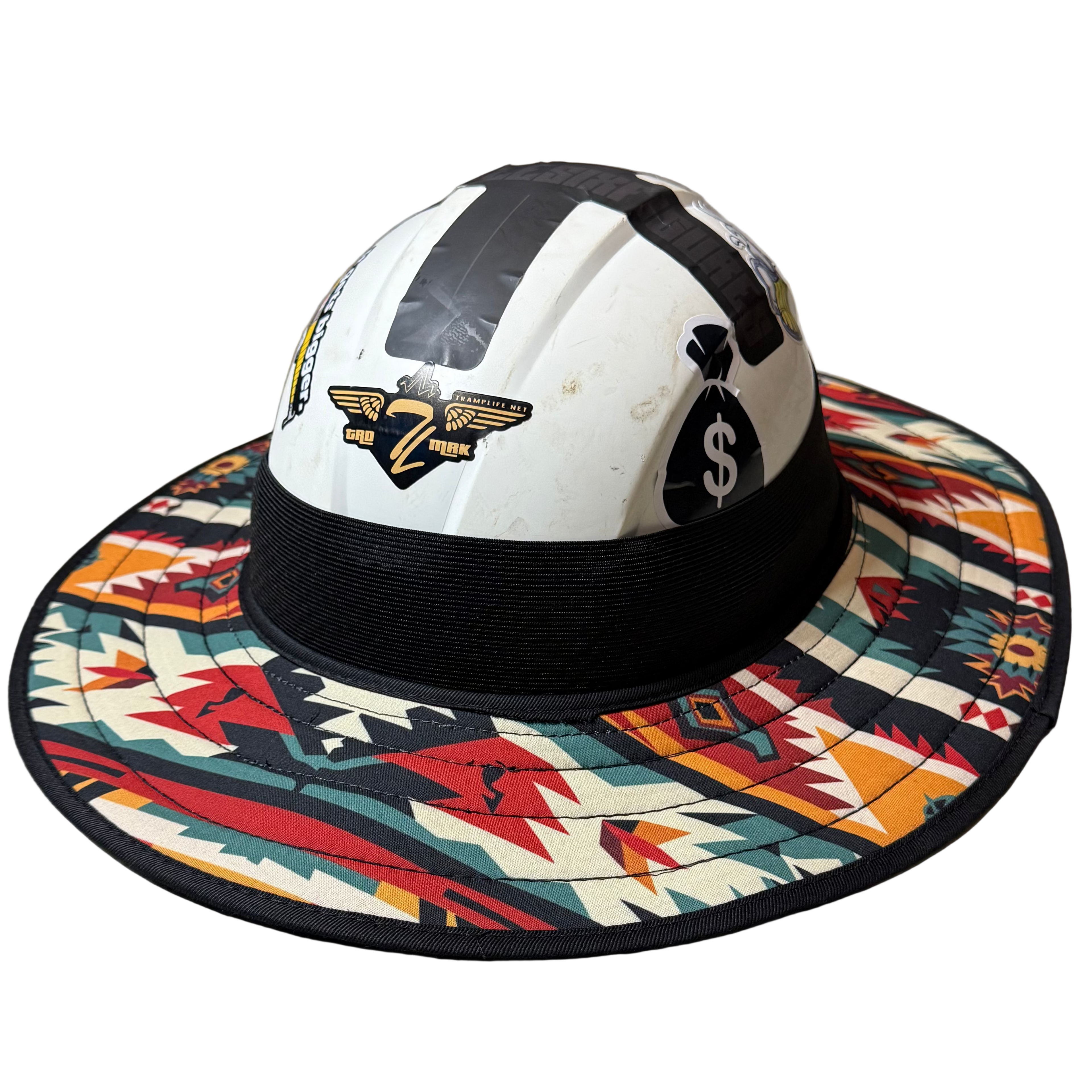 red pendleton sunshade from tramp life industries. goes over a fly hard hat.