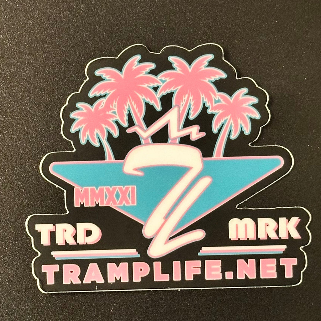 Sticker with palm trees and text on a black background