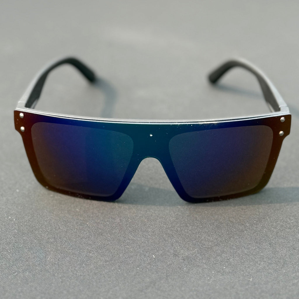 Sunglasses with blue reflective lenses on a gray surface