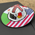 the americano sunshade from tramp life showing half american flag and half mexican flag