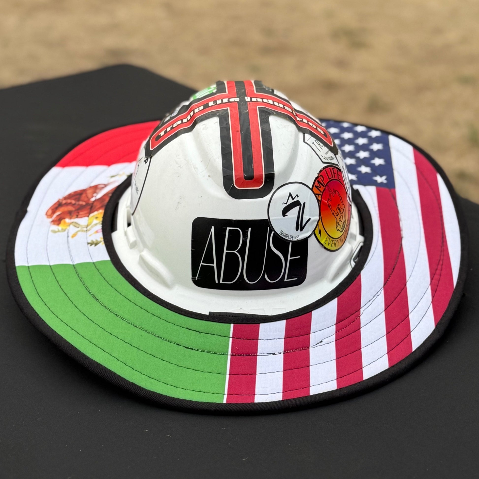 the americano sunshade from tramp life showing half american flag and half mexican flag