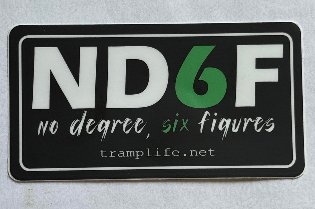 Rectangular sticker with 'ND6F' logo on a dark background