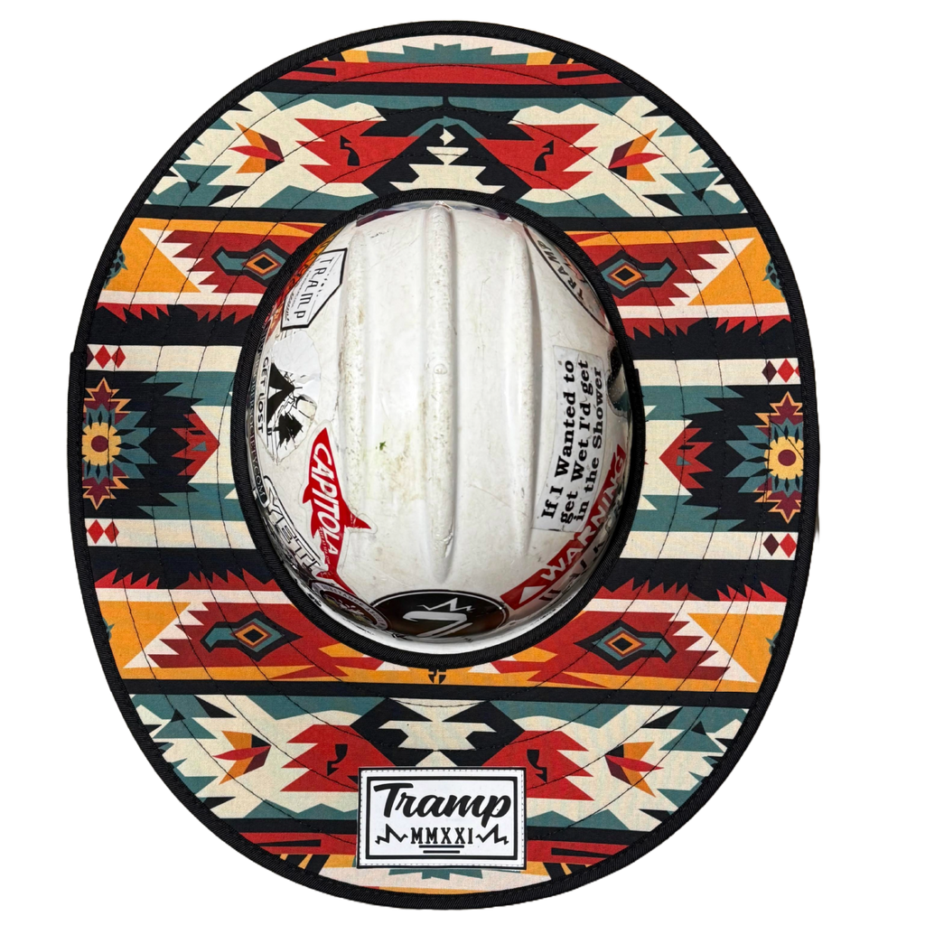 a red pendleton sunshade from tramp life. it goes on a hard hat to protect your face from the sun