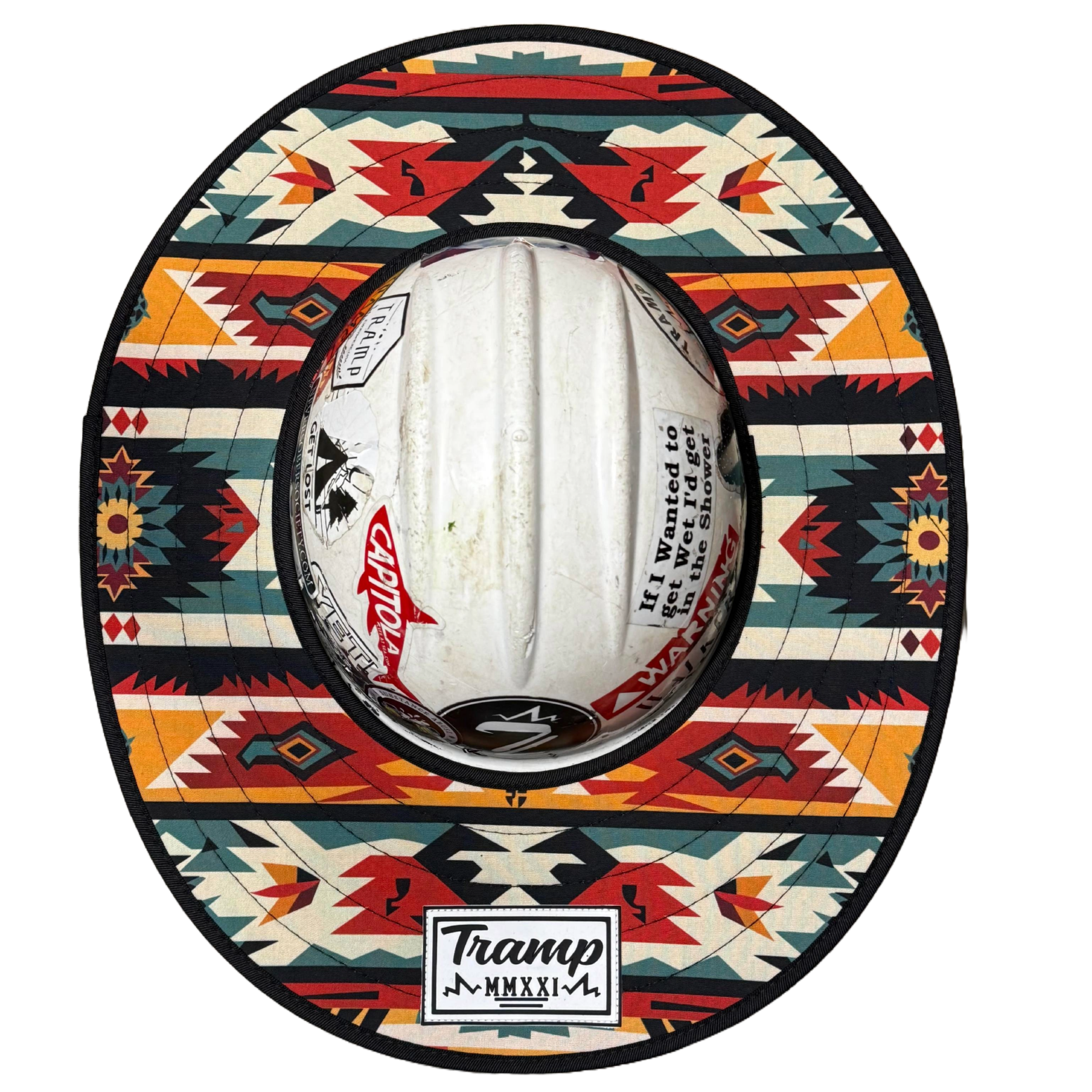 a red pendleton sunshade from tramp life. it goes on a hard hat to protect your face from the sun