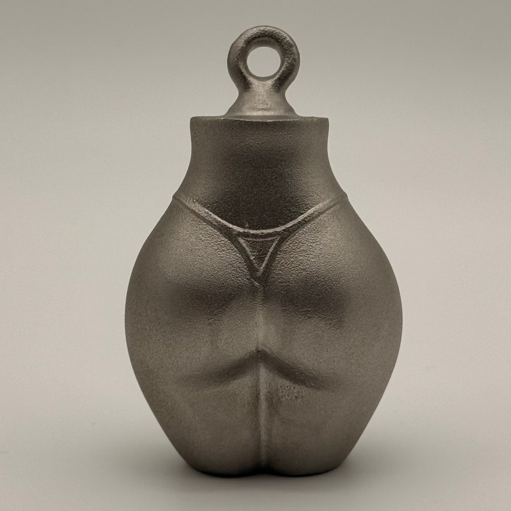 the bottom line back view tramp life plumb bob of womans bottom half in stainless steal