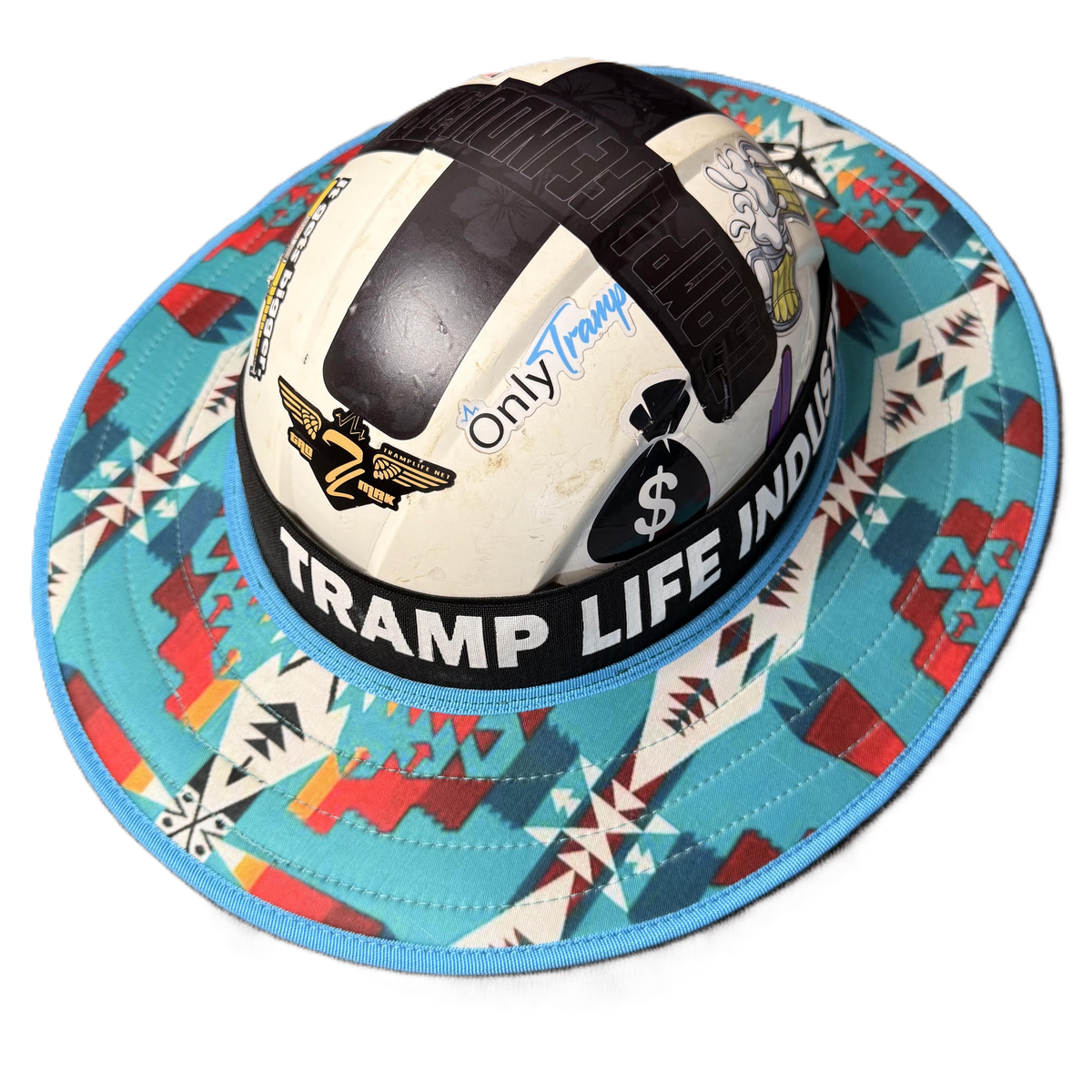 this is a 3/4 view of the turquoise fly shade from tramp life industries on a kask hard hat
