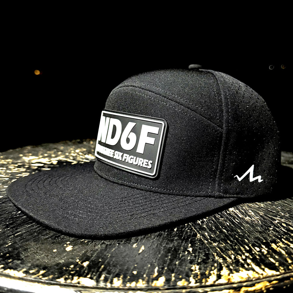 Black cap with a logo on a dark surface