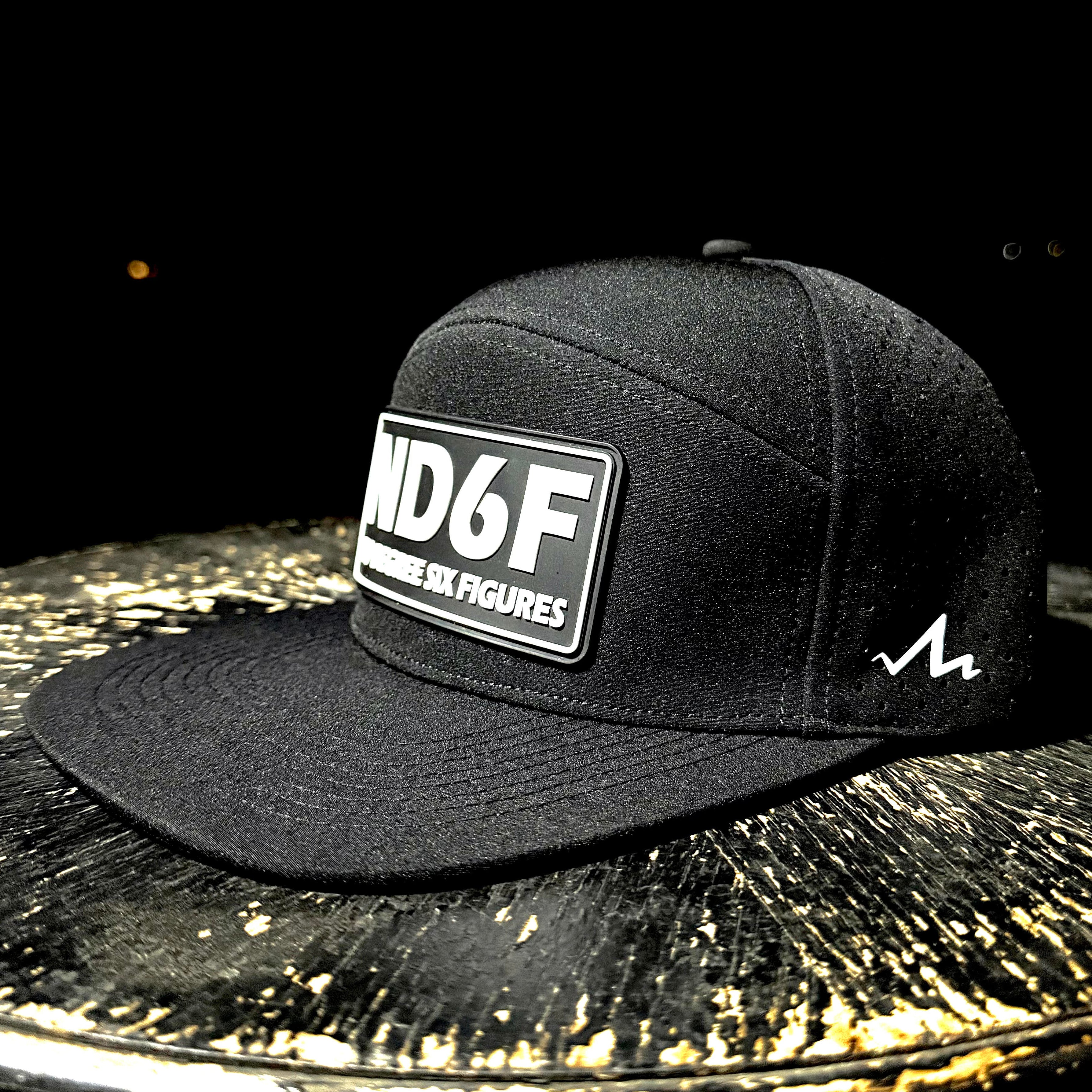 Black cap with a logo on a dark surface