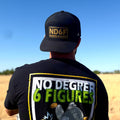 a person wearing the no degree duck shirt and the gold ND6F hat from tramp life industries standing in a field