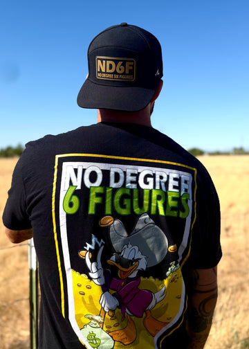 man wearing no degree duck shirt standing in a field
