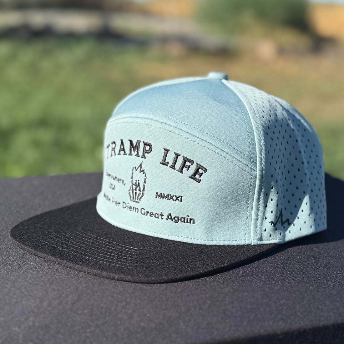 black embroidered snapback water resistant hat with tramp life, a bone hand, make per diem great again for blue collar workers