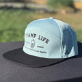 blue and black embroidered snapback water resistant hat with tramp life, a bone hand, make per diem great again for blue collar workers