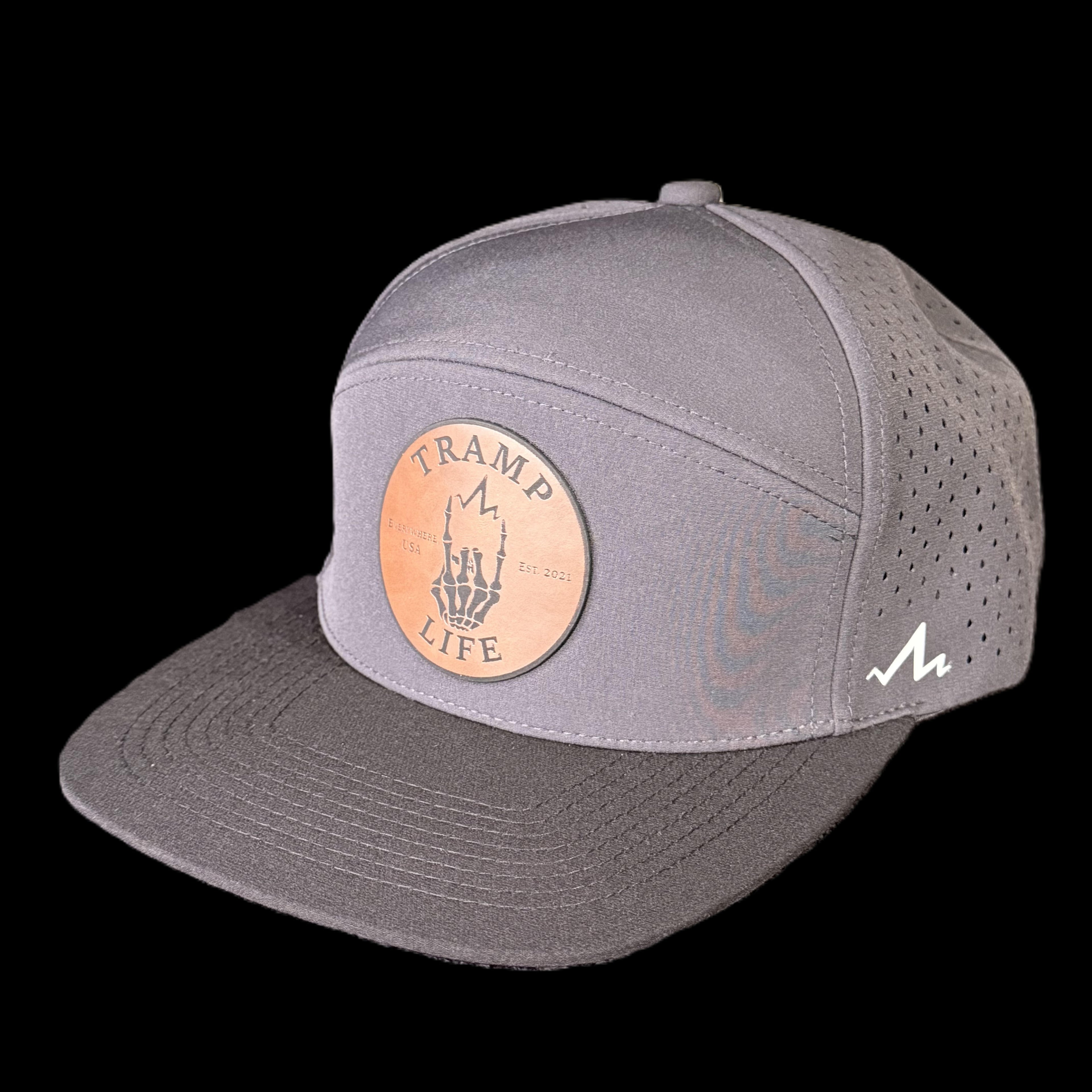 Gray cap with a leather patch and branding on a black background