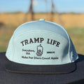 blue and black embroidered snapback water resistant hat with tramp life, a bone hand, make per diem great again for blue collar workers