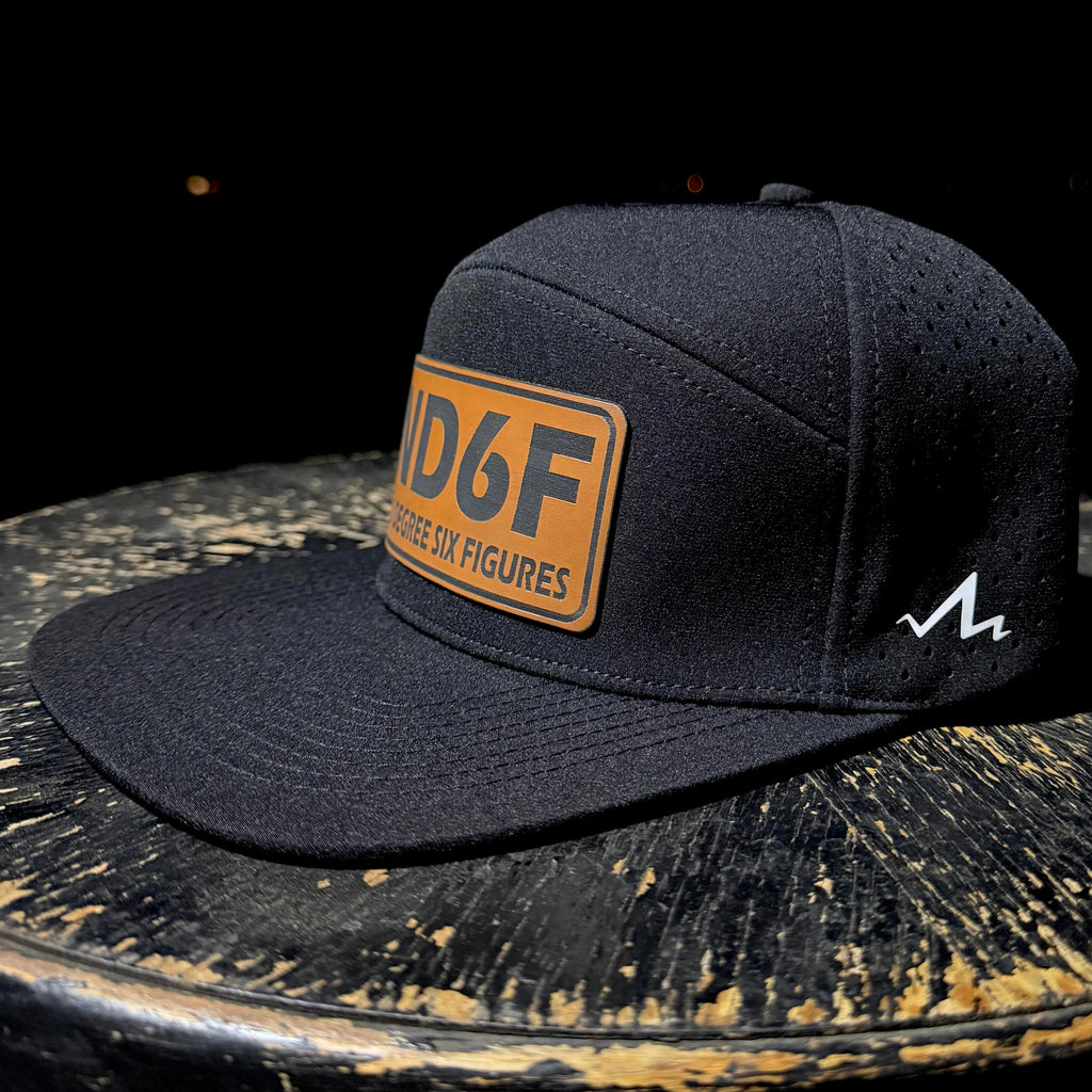 Black cap with a brown patch and logo on a dark surface